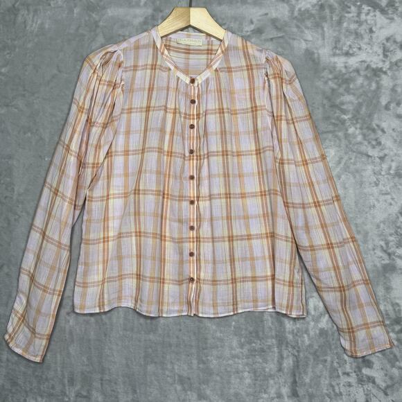 Ulla Johnson Shirt Womens 6 Plaid Button Front Long Sleeve Cottage Prairie Pink - Picture 1 of 10